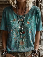 voordelige Boho t-shirt-Dames T-shirt Afdrukken Bloemig Grafisch Planten Vintage Stijlvol Casual Korte mouw V-hals Normale tops Casual Dagelijks Weekend blauw Blozend Roze Int Blauw Groen Zomer Lente