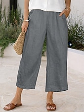  Mulheres Calças com toque de linho Calças Capri Calças Shorts de verão Férias Moda Básico Comprimento total Cintura Alta Côr Sólida Tecido Bolsos Perna larga Cintura elástica Conforto Macio Respirável