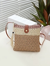Недорогие Дорожные сумки для отдыха-Женская богемная соломенная сумка с кисточкой, регулируемым плечевым ремнем, два цвета (белый и хаки), легкая плетеная пляжная сумка, идеально подходит для отдыха, повседневной носки и летних прогулок.