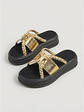 cheap Women-Women's Gold Chain Platform Sandals – Chunky Slide Sandals for Beach &amp; Summer Vacation Wear