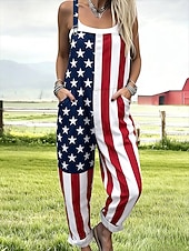  Amerykański Dzień Niepodległości damski kombinezon aktywny graficzny bez rękawów bez rękawów prosty kwadratowy dekolt patchworkowa kieszeń codzienna plaża luźny krój niebieski czerwony lato