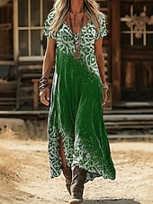 お買い得  エスニックボヘミアンドレス-女性用 マキシドレス 自由奔放に生きるドレス カジュアルドレス A ラインドレス プリントドレス ヴィンテージ アウトドア バケーション 週末 ルーズフィット グラフィック 半袖 Ｖネック ブラック イエロー ライトグリーン ピンク 夏 春