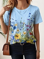 tanie koszulka w kwiaty-Damskie Podkoszulek Nadruk Kwiaty Graficzny Rośliny Moda Elegancki Klasyczny Krótki rękaw Półgolf Zwykłe topy Codzienny Weekend Niebieski Żółty Rumiany róż Jasnofioletowy Lato Wiosna