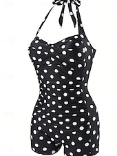 cheap One-piece swimsuits-Women's Swimwear One Piece Monokini Swimsuit Tummy Control High Waist Slim Backless Vacation Vintage Polka Dot Halter Neck Sleeveless Bathing Suits