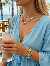 Χαμηλού Κόστους Γυναικείο Κολιέ-Γυναικείο κολιέ και βραχιόλι με μπλε και άσπρο αστερία από κράμα μποέμ, κοσμήματα διακοπών στην παραλία για ταξίδια, στυλ θέρετρου και καθημερινή casual ένδυση