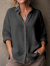 お買い得  エッセンシャルフェイクシャツ-女性用 シャツ ブラウス フェイクリネンシャツ 純色 ベーシック カジュアル 長袖 ラペル レギュラートップス カジュアル 日常 ブルー ブラック ホワイト イエロー ピンク 夏 春