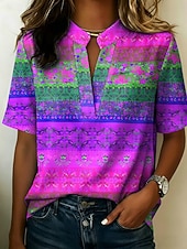 abordables Art &amp; Design Blouses-Femmes Chemisier Boutons Imprimé Graphique Géométrique ancien Élégant Moderne Demi Manches Col montant Hauts Réguliers Occasionnel Quotidien Bleu Jaune Violet Orange Été Printemps