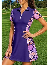 cheap Women's Tennis Dress-Women's Floral Sports Dress Tennis Polo Dress Short Sleeve Quarter Zip UPF50+ Elastic Sweat-Wicking Breathable Volleyball Tennis Golf Turndown Zip Collar Dress Purple Tennis Clothing