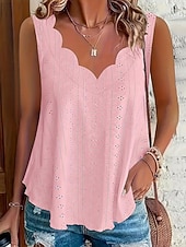 cheap Plain Tank-Women's Texture Blouse Eyelet Top Pointelle Tee Blouse Hollow Out Plain Casual Sleeveless V Neck Regular Tops Casual Daily Beach Blue Black White Yellow Pink Summer Spring