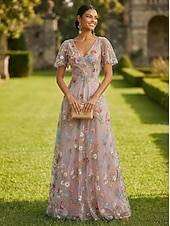  Linea ad A Abito Lunghezza al pavimento Vestito maxi Vestito da Festa Abito da Cocktail Abito da cerimonia per signora Manica Corta Scollo a V Elegante Vintage Lussuoso Formale Ospite di nozze Derby