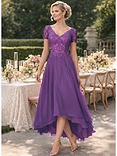 billige Ankellengde-A-linje Asymmetrisk Festkjole Cocktail Kjole Gjestekjole til bryllup Kjole til brudens mor Kortermet V-hals Elegant Formell Bryllupsgjest Formell kveld Chiffon med Ensfarget