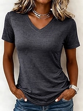 abordables T-shirt uni-Femmes T-shirt Couleur Unie Élégant Basique Manche Courte Col en V Hauts Réguliers Occasionnel Sports Week-end Noir Vert Claire Rose Claire Violet Claire Gris Clair Été Printemps