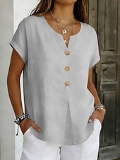 baratos Blusas Simples-Mulheres Blusa Botões Côr Sólida à moda Básico Casual Manga Curta Decote V Tops regulares Diário Azul Preto Branco Rosa Roxo Verão Primavera