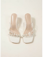 cheap Slide Sandals-Women's Clear PVC Heels with Pearl Accents and Block Heel, Perfect for Weddings and Formal Events