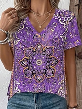 tanie T-shirt boho-Damskie Podkoszulek Nadruk Graficzny Plemienny Elegancki Klasyczny Codzienny Krótki rękaw W serek Zwykłe topy Codzienny Czerwony Fioletowy Zielony Lato Wiosna