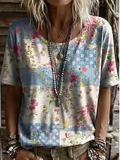 cheap Boho tee-Women's T Shirt Print Floral Graphic Plants Vintage Stylish Casual Short Sleeve V Neck Regular Tops Casual Daily Weekend Blue White-Blue Light Beige Beige Summer Spring