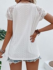 tanie gładka koszulka-Damskie Bluzka z teksturą Oczko na górze Koszulka Pointelle Podkoszulek Oczko Jednokolorowe Moda Klasyczny Codzienny Krótki rękaw W serek Zwykłe topy Codzienny Plaża Wyjściowe Biały Lato Wiosna