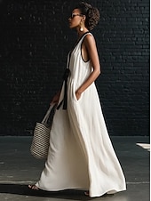 baratos Vestidos-Mulheres Vestido Longo Vestidos com toque de linho Vestidos Para o Verão Vestido A Line Vestido de verão Casual Diário Festa Feriado Ajuste Largo Tecido Sem Manga Decote V Azul Amarelo Claro Branco