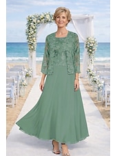 preiswerte Mamas Kleidersets-Zweiteilig Kleid-Sets Knöchellänge Kleid für Hochzeitsgäste Brautmutterkleid Langarm Rundhalsausschnitt Elegant Hochzeitsgast Kirche Chiffon mit Spitze Stickerei