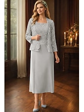 abordables Conjuntos de vestidos para mamá-Conjuntos de vestidos Vestido de invitada de boda largo hasta el suelo Vestido de la madre de la novia Manga larga Cuello redondo Elegante Simple Invitada de boda con color sólido