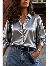 abordables Blusas Elegantes-Mujer Camisa Top de satén Blusa Tops elegantes Frunce Botones En Cortina Color sólido Plano Elegante Vintage damas Manga Larga Cuello Camisero Tops regulares Casual Diario Trabajo Plata Champaña