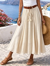 abordables Faldas casuales-Mujer Falda de vacaciones Falda de lino y algodón sintético Moda Casual Maxi Alta cintura Faldas Plano Plisado Rígido Diario Vacaciones Azul Piscina Negro Rosa Caqui Verano