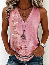 abordables Tanque Gráfico-Mujer Camiseta sin mangas Estampado Floral Graphic Plantas Elegante Sin Mangas Escote en Pico Tops regulares Casual Azul Piscina Verde Claro Rosa Púrpula Claro Morado Verano Primavera