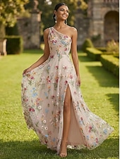  Linea ad A Lunghezza al pavimento Abito da Sera Abito formale Elegante Floreale Senza Maniche Monospalla Festa in giardino Matrimonio Raso Tulle con Fiore ricamato Pieghe Spacco