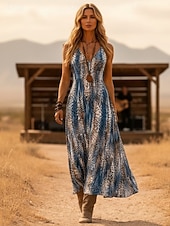  音楽フェスティバル レディース ミディドレス ウエスタン ボヘミアン ビーチ サンドレス Aラインドレス オフショルダードレス バケーション カジュアル 休日 外出 レギュラーフィット グラフィック 幾何学模様 抽象的 ノースリーブ Vネック レオパード