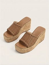 abordables Sandalias de cuña-Women's Cream Woven Wedge Slides - Braided Platform Sandals &amp; Cork-Texture Sole for Outdoor Vacations, Summer Travel &amp; Beach Resort Wear