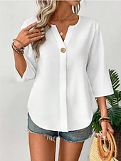 abordables Camisas-Mujer Camisa Blusa Remera de algodón Botones Plano Elegante Clásico Moderno Manga 3/4 Escote en Pico Tops regulares Diario Festivos Noche Negro Blanco Naranja Verano Primavera