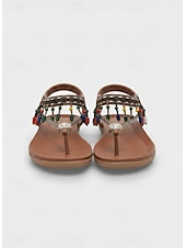 abordables Sandalias Planas-Sandalias bohemias con cuentas y flecos en el tobillo para mujer: zapatos de playa planos y cómodos para vacaciones, resorts, festivales y viajes informales.
