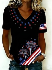  День независимости США Жен. Футболка С принтом Графика Американский флаг Винтаж Стиль Классика С короткими рукавами V-образный вырез Обычные топы Повседневные Черный Белый Темно синий Светло-синий