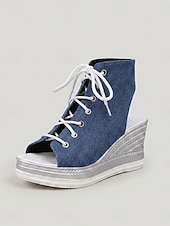 economico Sandali con Piattaforma-Sandali con zeppa e lacci in denim da donna – espadrillas con plateau e punta aperta, ideali per festival musicali, vacanze e abbigliamento casual all'aperto.