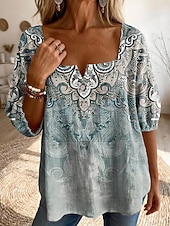 abordables Art &amp; Design Blouses-Femmes Chemisier Imprimé Graphique Géométrique Quotidien Élégant Occasionnel Demi Manches Col carré Hauts Réguliers Occasionnel Quotidien Bleu Rose Claire Bleu Poudré Vert Été Printemps