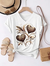 abordables T-shirt Art &amp; Design-Femmes T-shirt Imprimé Cœur Graphique Léopard Élégant Classique Occasionnel Manche Courte Col en V Hauts Réguliers Quotidien Beige clair Noir Blanche Gris Été Printemps