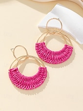 cheap Women's Earring-Women's Bohemian Woven Hoop Earrings, Alloy Rattan Style Statement Round Earrings in Multiple Colors for Beach Vacation Travel, Resort Wear and Everyday Casual Summer Jewelry