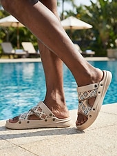 cheap Men-Men's Beige Snakeskin Print Slide Sandals Open-Toe Casual Summer Footwear Lightweight Comfort Shoes for Beach Vacation, Resort Wear, Travel, Poolside Relaxing and Daily Leisure