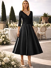 preiswerte Cocktailkleider-A-Linie Tee-Länge Cocktailkleider Partykleider Elegant Vintage Übergröße Dreiviertelarm V Ausschnitt Hochzeitsgast Satin mit Falten