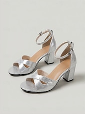 cheap Heeled Sandals-Women's Metallic Block Heel Sandals, Open Toe Ankle Strap Elegant Dress Shoes for Garden Party, Wedding Guest &amp; Outdoor Events