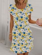 abordables Robes en chiffon-Femmes Mini Robe Robe Décontractée Robe en Chiffon Robe Fleurie Élégant Mode Moderne Extérieur Vacances Sortir Coupe régulière Fleuri Manche Courte Col ras du cou Noir Blanche Jaune Rose Claire Ét