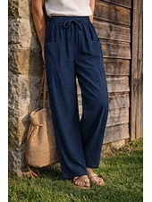 Недорогие Роскошные брюки-Жен. Широкие Льняные брюки Штаны Чино Отпуск Мода Классический Полная длина Нормальная Полотняное плетение Кулиска Плиссировка Карман Комфорт Легкость Дышащий Неэластичная