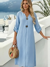 cheap Dresses-Women's Midi Dress Cotton Linen Dress Fashion Modern Daily Outdoor Vacation Loose Fit Plain Long Sleeve V Neck White Pink Green Light Blue Spring Fall