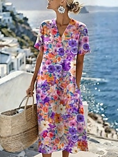 ieftine Rochii florale-Pentru femei Rochii Midi Rochie de schimb Rochie de Vară Vacanță Casual Stiluri de Plajă Potrivire Largă Floral Grafic Manșon scurt În V Albastru piscină Roz Îmbujorat Roșu-aprins Mov Vară Primăvară