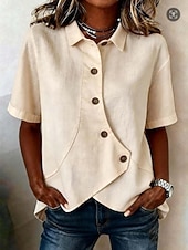 economico Camicie Finte Essenziali-Per donna Blusa Finto cotone e lino Bottoni Tinta unica Essenziale Casual Manica Corta Colletto a Camicia Top Regolari Quotidiano Blu Bianco Albicocca Estate Primavera