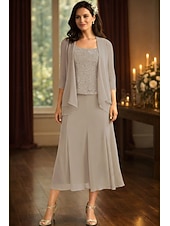 abordables Ensembles de robes pour maman-Ensembles de robes longueur thé robe de invitée de mariage robe de mère de la mariée à manches 3/4 décolleté carré élégante simple pour invité de mariage avec couleur unie
