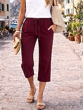 billige Luksuriøse bukser-Dame Capri-bukser Linbukser i bomull kinesisk Sommershorts Ferie Grunnleggende Fritid Kalv lengde Høy Midje عادي Lomme Elastisk midje comfy Komfort Myk Elastisk Daglig utendørs Gate Marineblå Vin