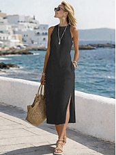 billige Essensielle falske kjoler-Dame Midikjole Imitert bomullslin Blonde kjole Strandkjole Uformell kjole Elegant Mote Moderne Strand Feriereise Helg Normal عادي Ermeløs Grimehals Blå Svart Hvit Gul Sommer Vår