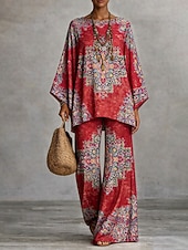 cheap Women's Blouse Suits-Women's Pants Sets Long Sleeve Round Neck Graphic Paisley Print Fashion Streetwear Casual Daily Outdoor Blue Pink Red Spring &amp; Summer Loose Fit