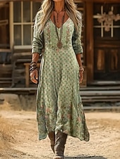 voordelige Etnische Boho Jurk-Dames Maxi-jurk Boho-jurk Vintage Jurk Casual jurk Vintage Ruim Passend Bloemig Lange mouw V-hals Zwart en Wit Ijsblauw Zwart Geel Zomer Lente